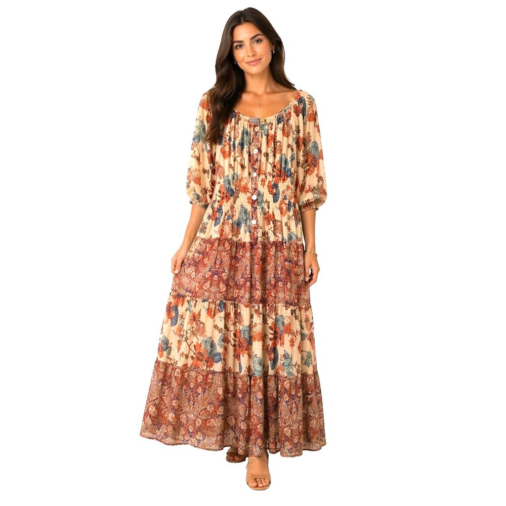 Gauze Maxi Dress Size L Autumn Colors,Lined, Smocked Cottage Peasant Milkmaid